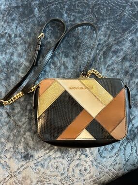 Michael Kors Patchwork Leather Crossbody - Black/Brown/Cream/Gold